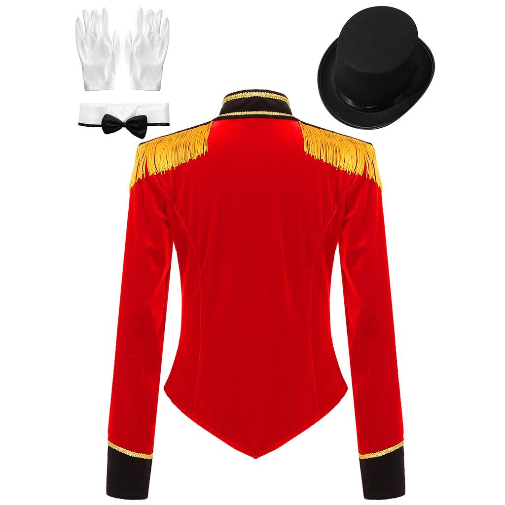 Womens Circus Ringmaster Outfit Fringed Jacket Hat Gloves Set for Halloween Performances