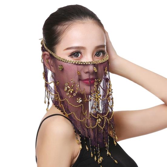 Performance Veil Flower Sequins Beads Decor See-through Lace Belly Dance Tribal Face Veil Breathable Fabric Adjustable Strap Indian Dance Veil