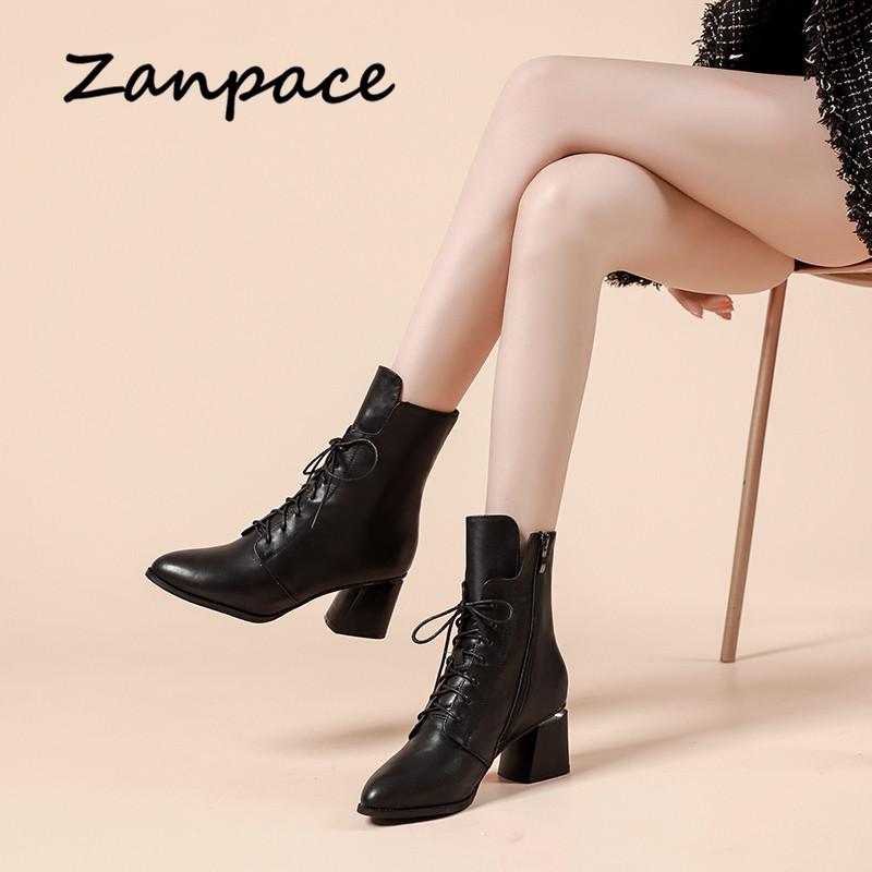 ZANPACE Платформа Каблуки Женские Ботинки Зимние Плюс Бархатные Женские Туфли Средней Длины Модные Острые Носки Зимние Женские Ботильоны