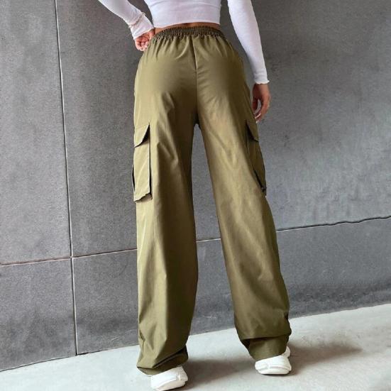 Women Cargo Pants Elastic Waist Wide Leg Solid Color Trousers Casual Joggers Sweatpants with Side Flap