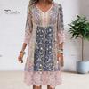 Women Dress Hollow Out Lace Patchwork Floral Print Three Quarter Sleeves V Neck Buttons Loose Retro Bohemian Style Knee Length Vacation Midi Dress