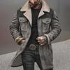 Men Jacket Large Plush Lapel Long Sleeve Vintage Suede Jacket with Pockets Zipper Up Mid-length Motorcycle Coat