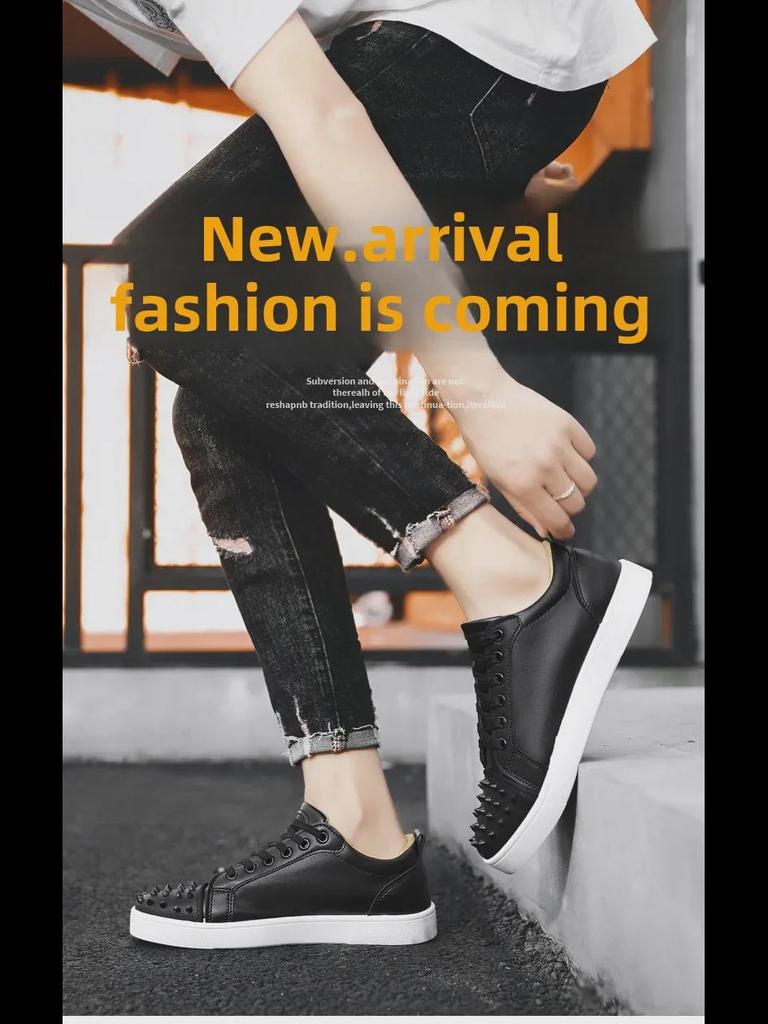 Men's Red Bottom Rivet Casual White Sneakers - Trendy Microfiber Leather Shoes