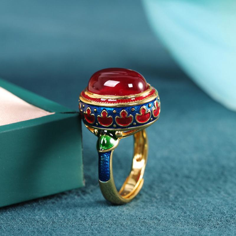 Оригинальные древние золотые изделия натуральный сердолик кольца для женщин цветок эмаль национальный стиль легкая роскошь Свадьба