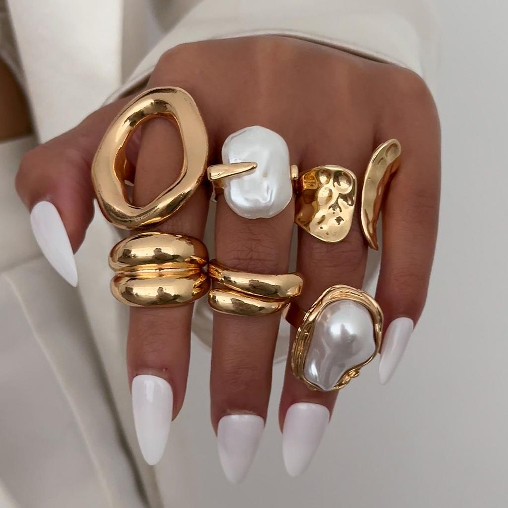 Ingemark 6Pcs/Set Boho Imitation Pearls Metal Ring Women Trendy Punk Irregular Geometry Hollow Wide Knuckle Ring Set New Jewelry
