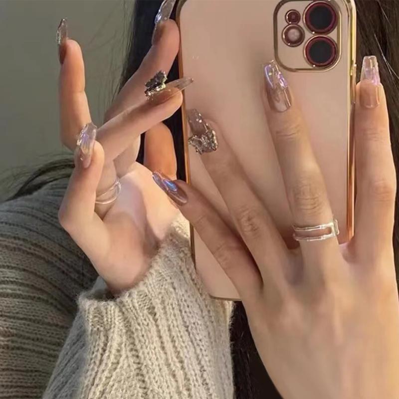 24 шт. накладных ногтей, носимых черным бантом, бриллиантовой цепочкой, флэш-пудрой, балетные ногти, готовые съемные и многоразовые накладки для ногтей