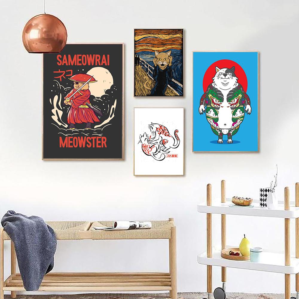 Мрачная татуировка кота на красном солнце, холст, картина, забавный милый кот, самурай, плакат с принтом, детская кровать, домашняя комната, настенное художественное украшение, фотографии