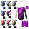 Kids Girls Stylish Clothing Set for Skating Training Wear Outfits Long Sleeve Keyhole Back Leotards and Shorts Hair Band