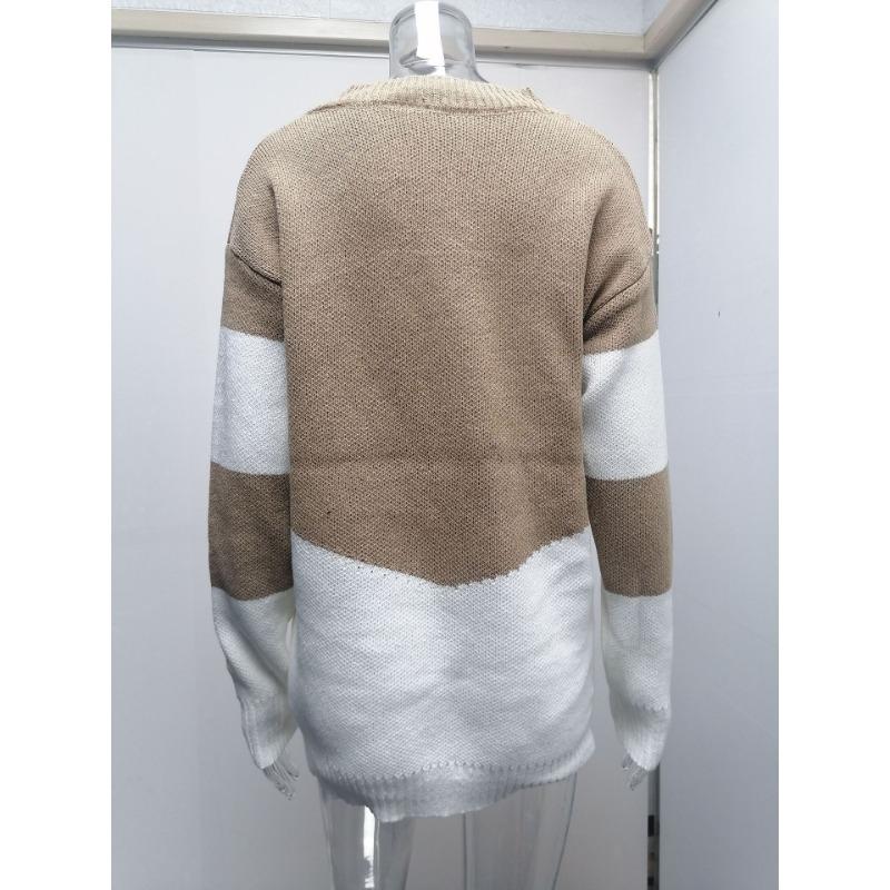 Осенне-зимний женский пуловер больших размеров с V-образным вырезом, свободный свитер в стиле пэчворк, вязаный свитер с цветовым сочетанием