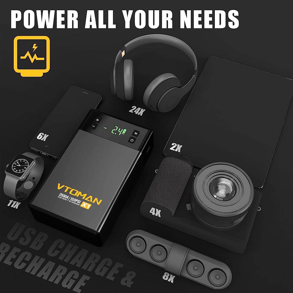 Пусковое устройство VTOMAN X1 с воздушным компрессором 100 фунтов на кв. дюйм, пиковый автомобильный стартер 2500 А, пусковой короб для литиевой батареи 12 В, светодиод 400 люмен