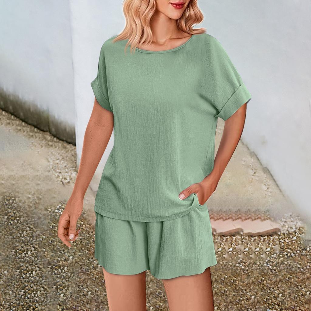 Women's Fashion Solid Color Casual Set Loose Round Neck Top Shorts Two Pieces