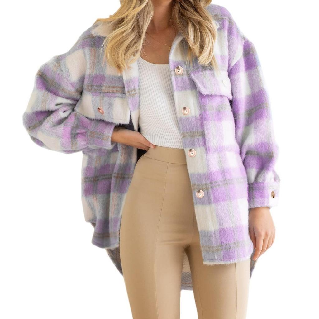 Модные женские повседневные топы в клетку с длинным рукавом и воротником-стойкой, пальто