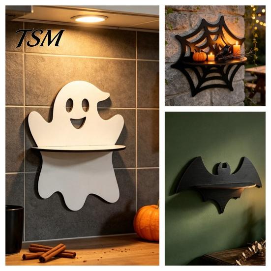 Holiday Home Decoration Halloween Wooden Wall Shelf, Ghost Bat Shape Hanging Organizer for Spooky Room Accents Decor, Farmhouse Display Rack, Festive