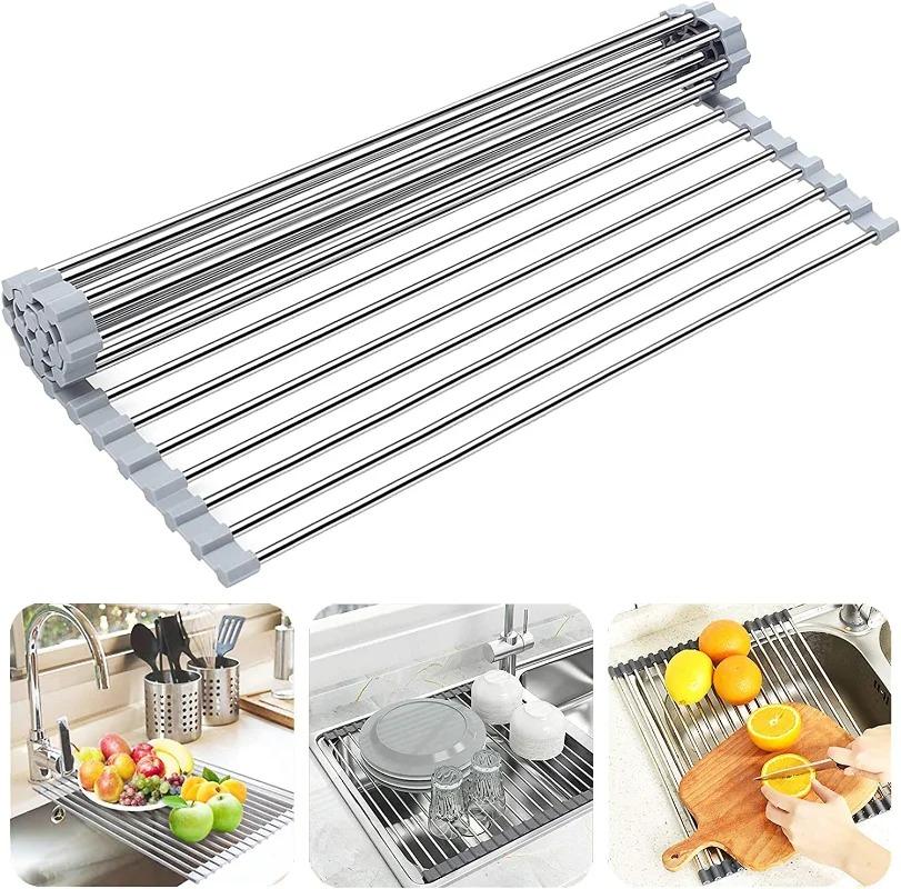 Dish Drainer Foldable Stainless Steel Roll Up Dish Drying Rack Shelf Kitchen Sink Holder Organizer Bowl Tableware Plate Storage
