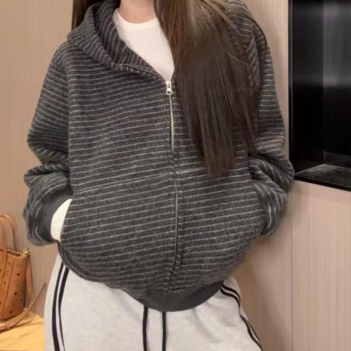 Женская куртка-кардиган на молнии с капюшоном в полоску, ранний осенний стиль - Нишевый ленивый стиль, Повседневная свободная кофта