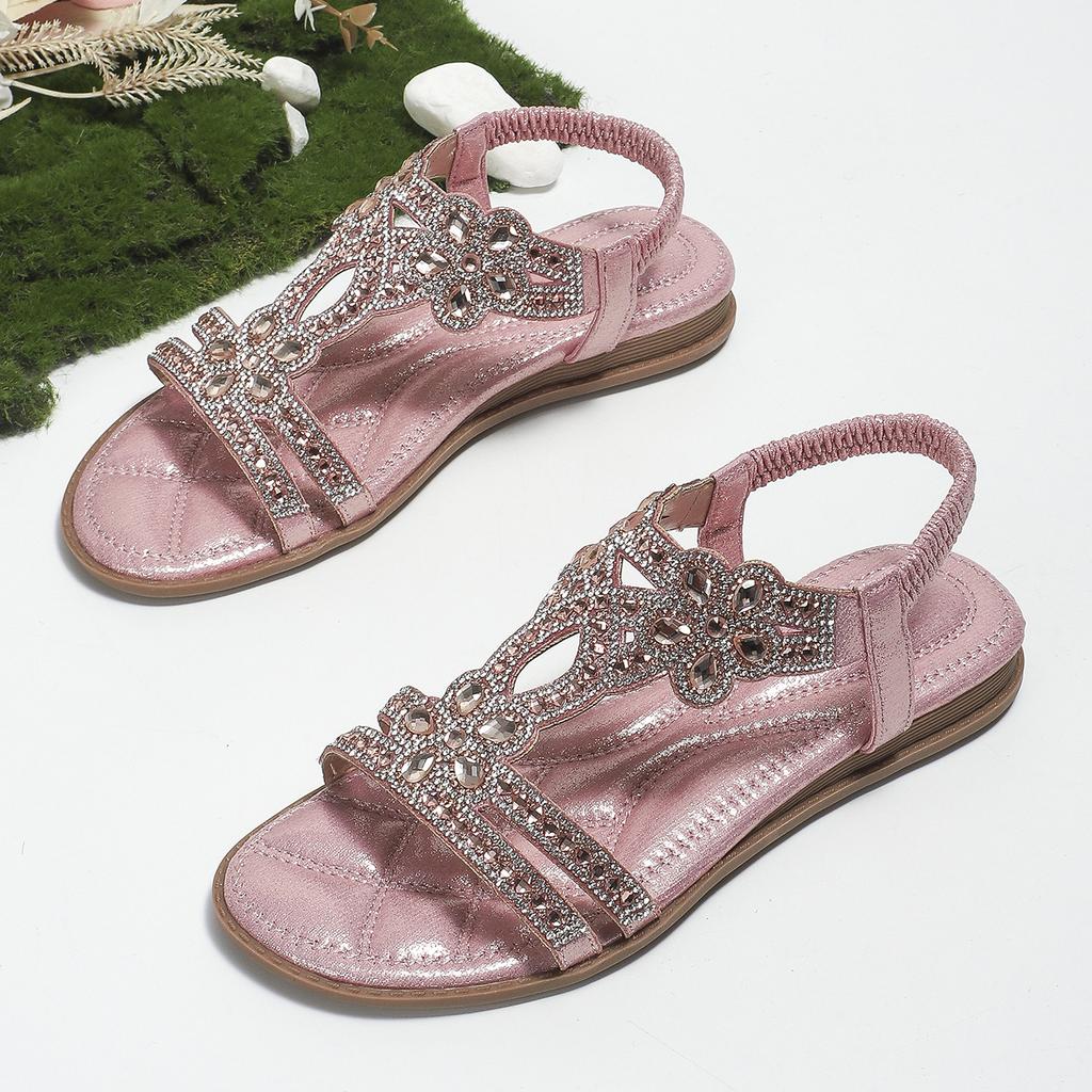 Удобная женская обувь, сандалии на плоской подошве со стразами, повседневные полые сандалии большого размера