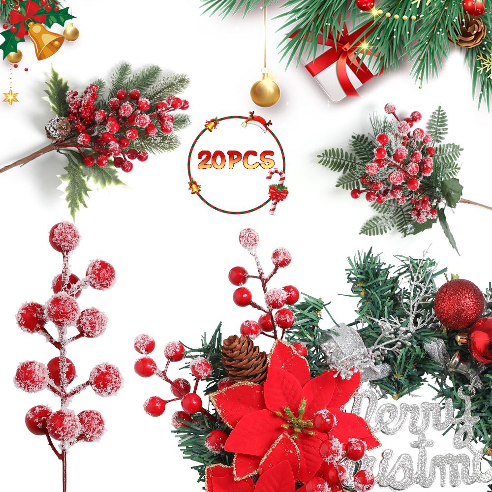 20 шт. Искусственный снег Матовые стебли с красными ягодами Домашний декор DIY Поделки Украшение для рождественской елки Вечеринка Новогодние праздничные украшения
