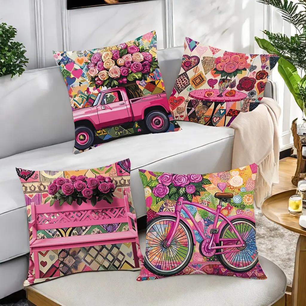 Romantic Pink Truck Pillow Covers, Colorful Patchwork Rose Bicycle Art Decorative Throw Pillow Cases, Home Decor Cushion Covers