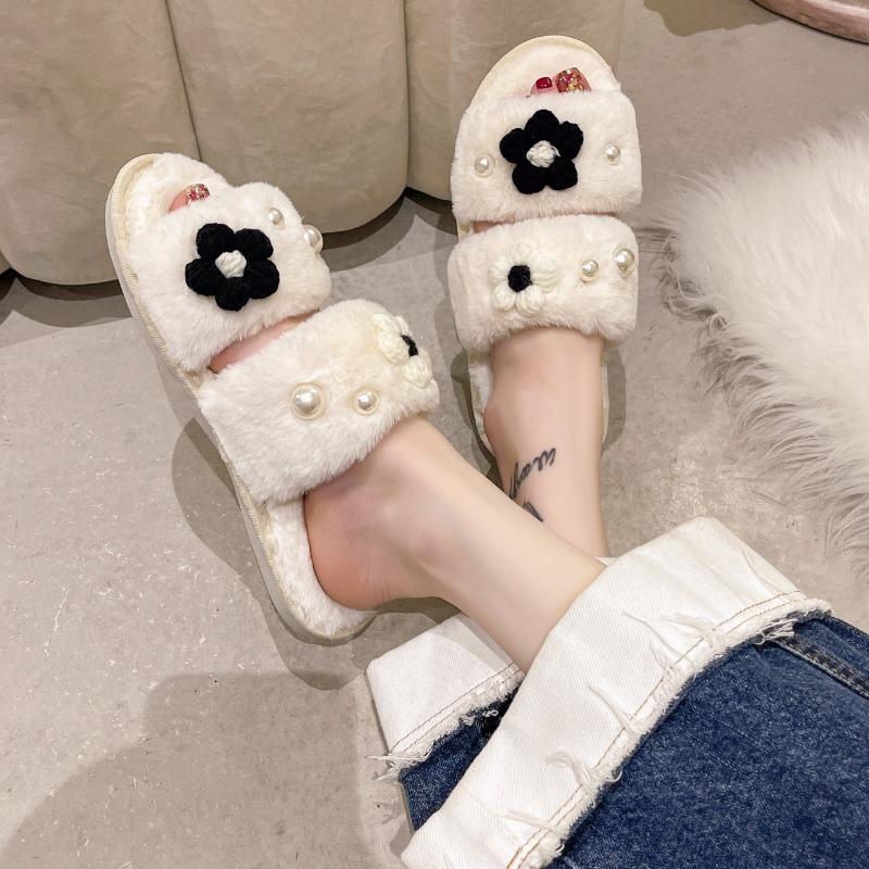 Мода 2024 Зима Новые женские домашние однотонные цветочные жемчужные пушистые хлопковые тапочки