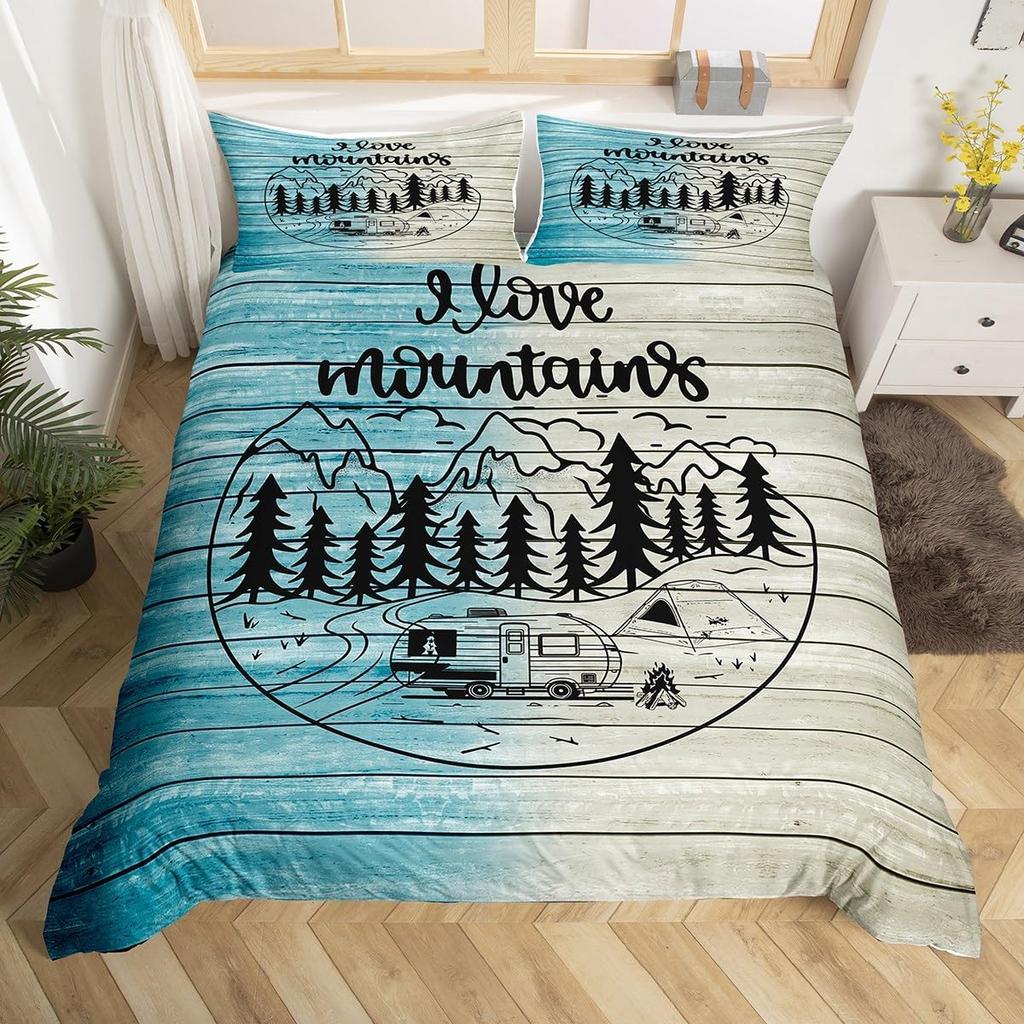 Hand Painted Mountain Decor Duvet Cover Set Queen King Size Happy Camping Kids Bedding For Boys Girls 3 Pcs With 2 Pillowcases