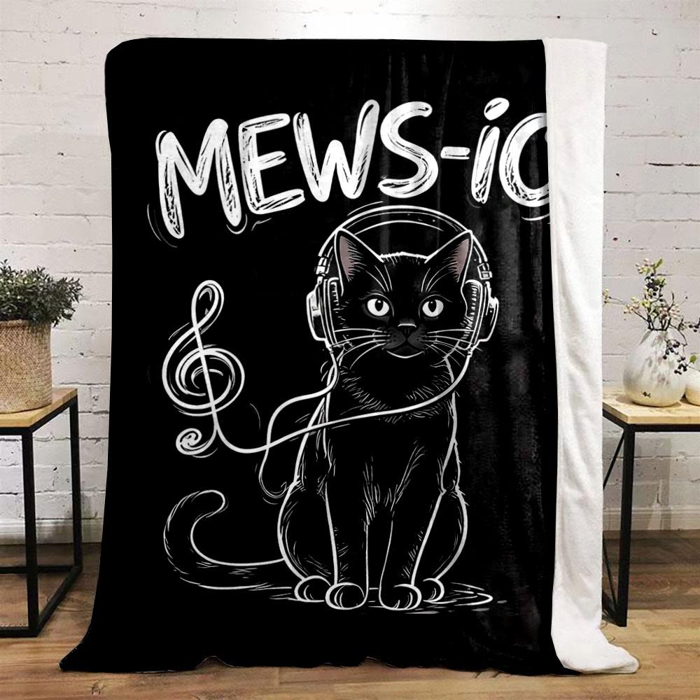 A black cat with headphones and a treble clef-shaped cable, labeled "MEWS-IC". for all seasons blanket lunch break throw gift