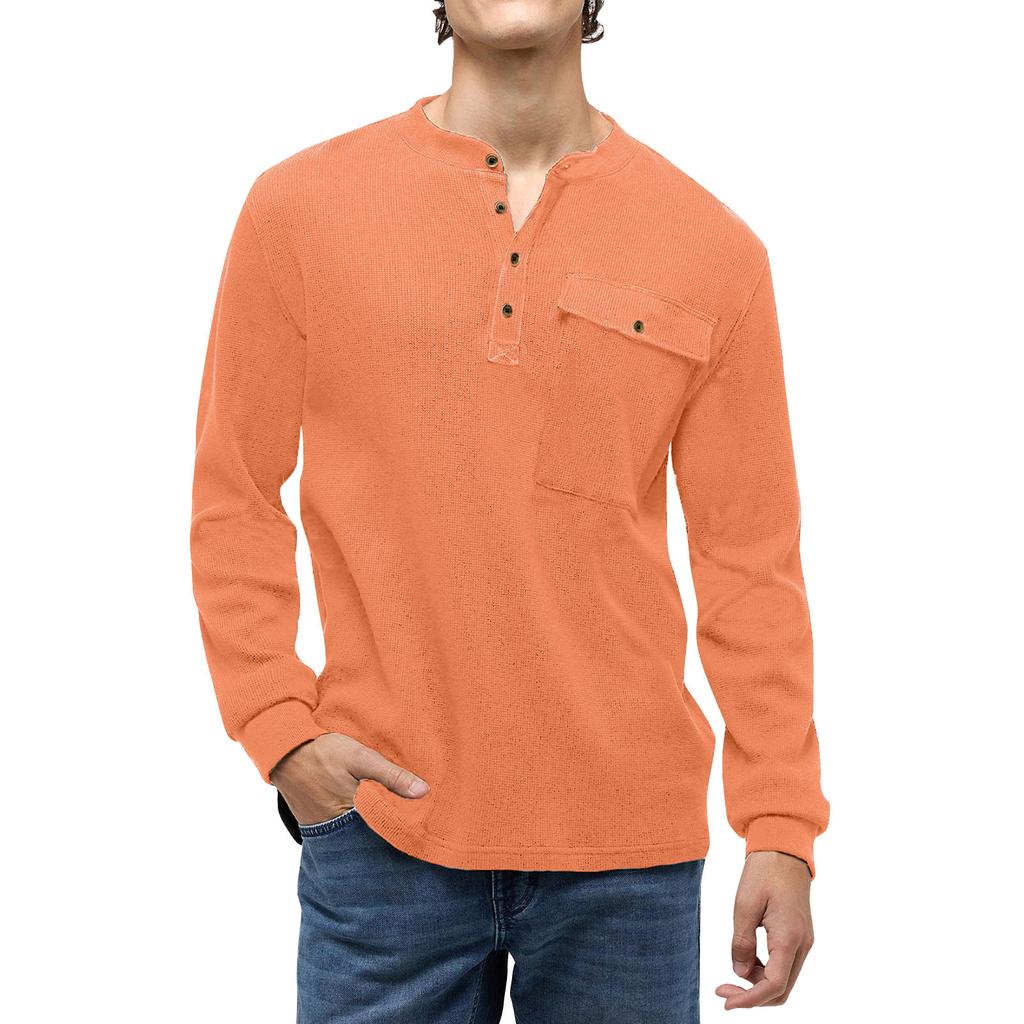 Men'S Button Up Round Neck Top Solid Color Long Sleeved Sports Fashion T-Shirt
