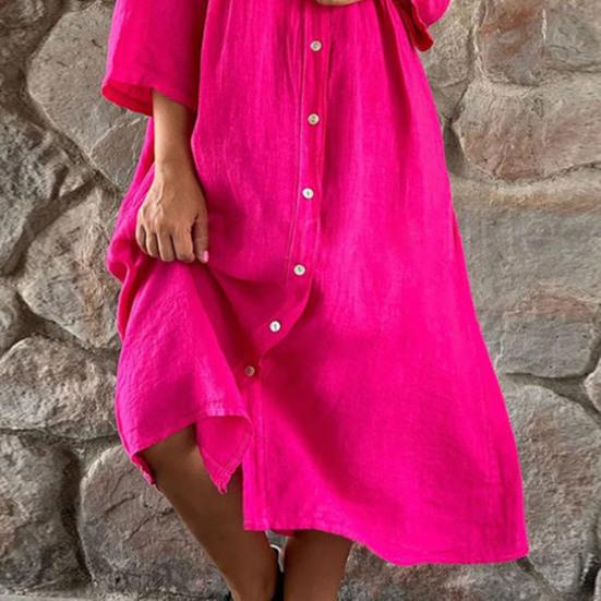 Women Summer Loose Shirt Dress Stand Collar 3/4 Sleeve Buttons Placket Solid Color Loose Fit Midi Dress Streetwear