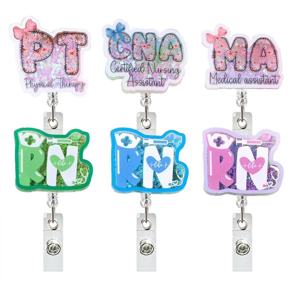 Acrylic Badge Holder Glitter ID Badge Holder Alligator Clip Badge Reel Strong Glitter Shaker Reel For Staff Clinics