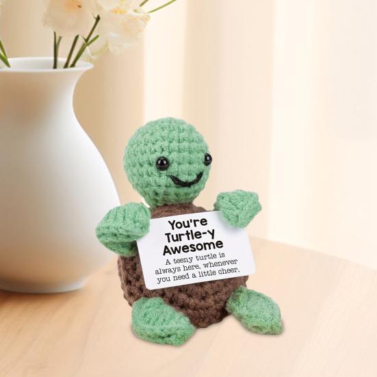 Yousheng Positive Crochet Turtle Handmade Crocheted Turtle Mini Positive Turtle with Emotional Support Card for Women Men Birthday Present