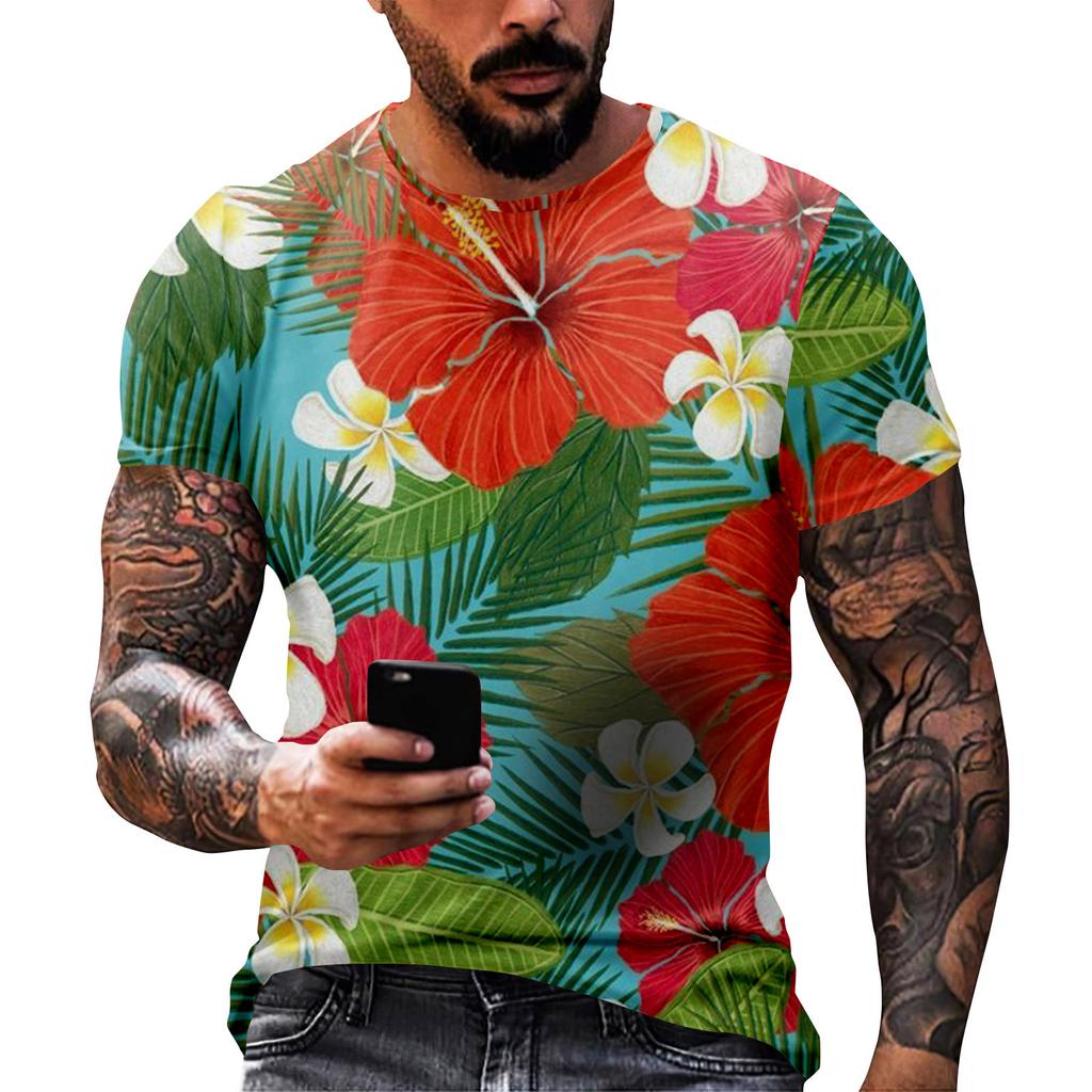 Мужская повседневная футболка с круглым вырезом и коротким рукавом с гавайским принтом