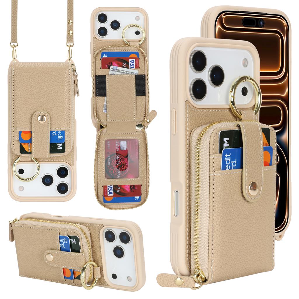 Чехол для iPhone 17 Pro Max с карманом на молнии / Кольцом-подставкой / Ремешком PU с текстурой личи + ТПУ Чехол для телефона