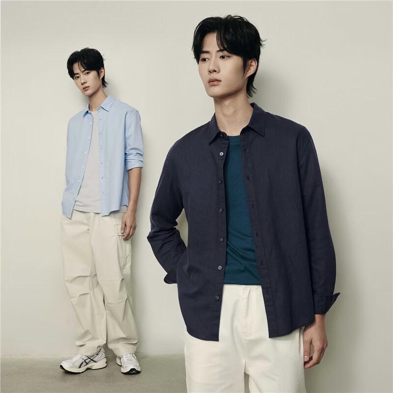 GIORDANO Мужская дышащая хлопково-льняная рубашка с длинным рукавом в стиле знаменитостей