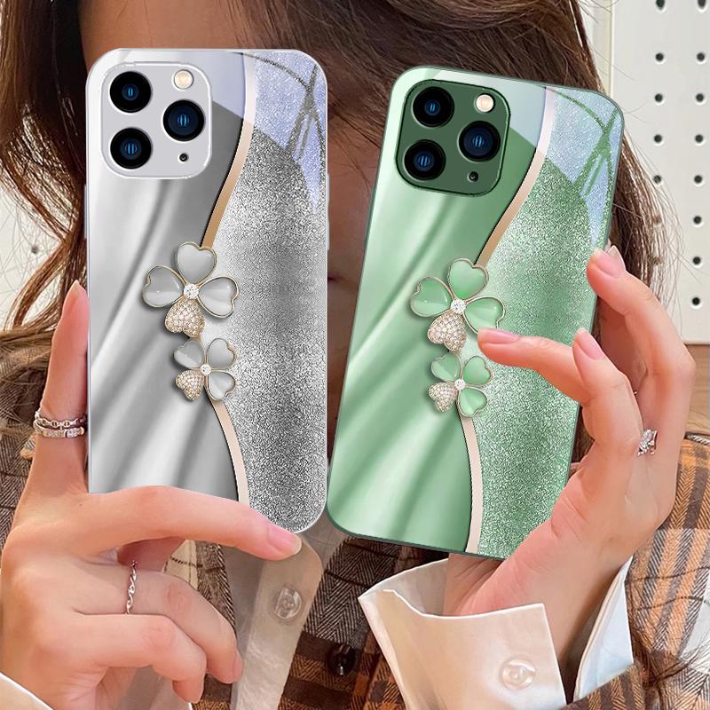Роскошный чехол для телефона из закаленного стекла с четырехлистным клевером для iPhone 16 Pro Max 15 Pro 14 13 12 Mini 11 XS Max XR 7 8 Plus SE 2022
