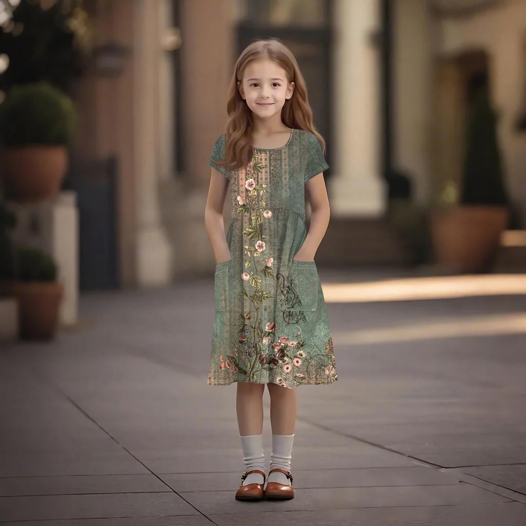 Children's Skirt Round Neck Short Sleeve Princess Dress Fashion Casual Pocket Dress For Girls