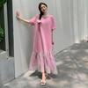 Women 2025 Summer Plus Size Casual Short Sleeve Oversize Pleated Lace Solid Long Shirt Dress Loose Dress