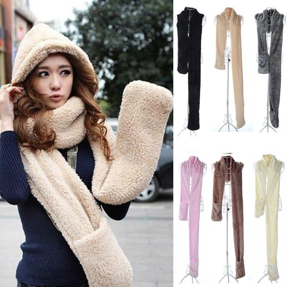 Women Long Warm Plush Velvet Hooded Scarf 3 In 1 Pocket Gloves Hats