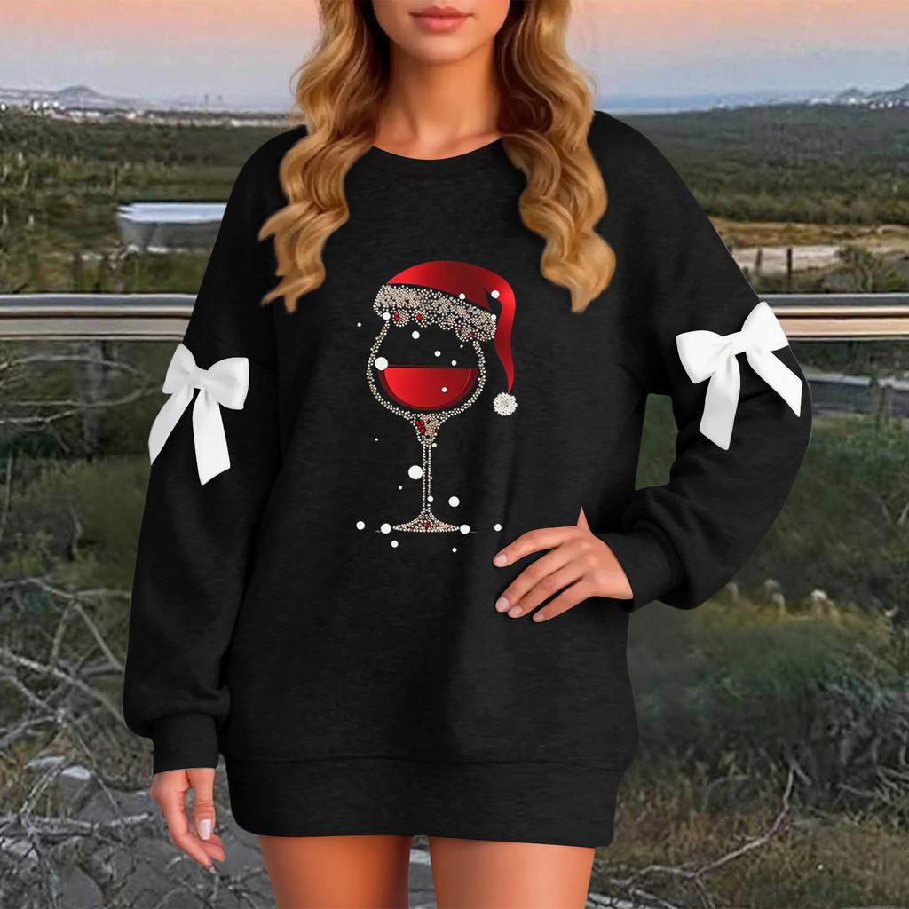 Ladies' Christmas Printed Bow Round Neck Long Sleeved Loose Pullover Sweater Sweatshirt Top