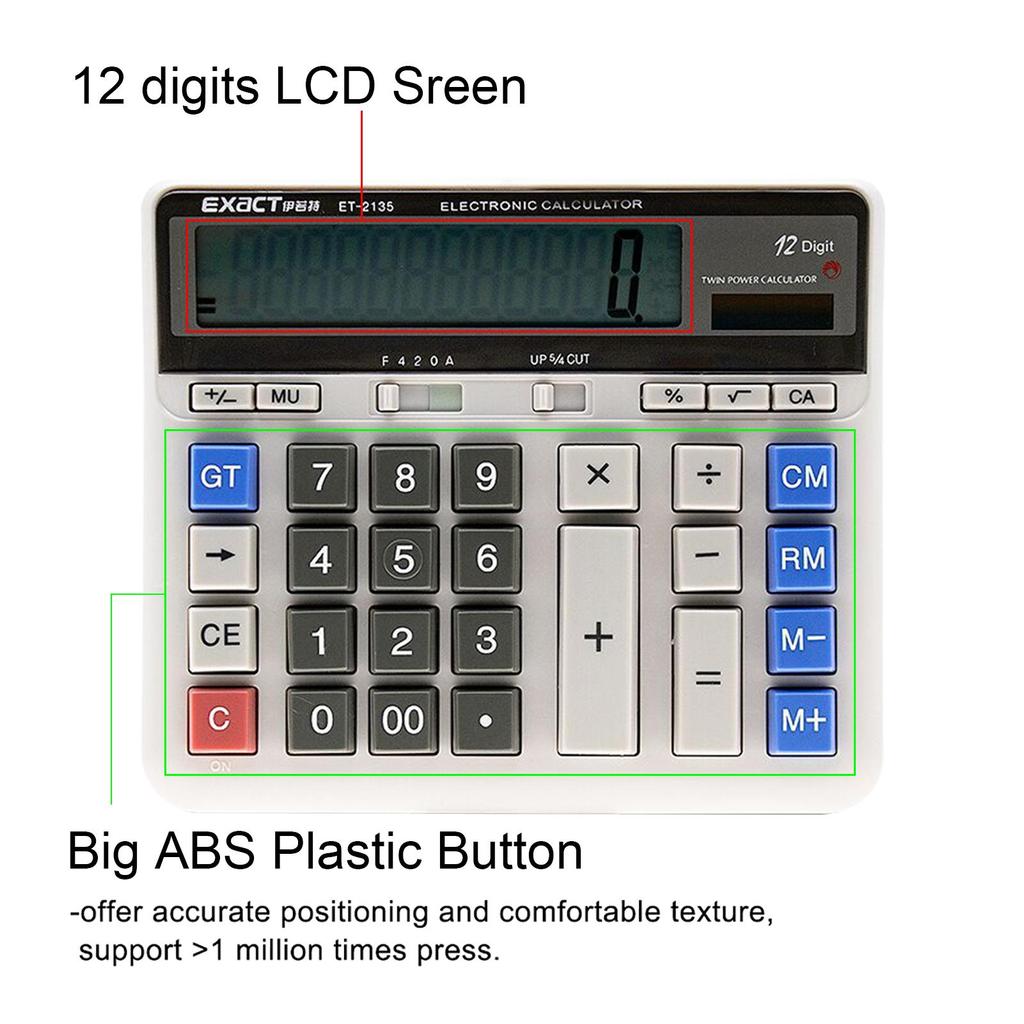 Large Computer Electronic Calculator Counter Solar & Battery Power 12 Digit Display