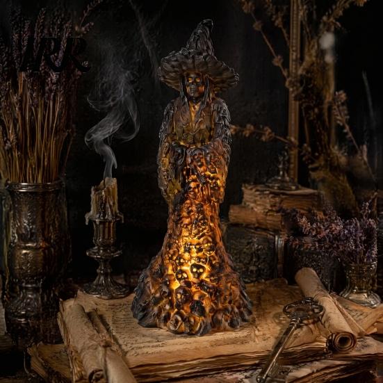 Glowing Bone Sculpture Skeleton Witch Resin Figurine, Halloween Gothic Skull Statue, Spooky Realistic Texture Fantasy Ornament for Desk,