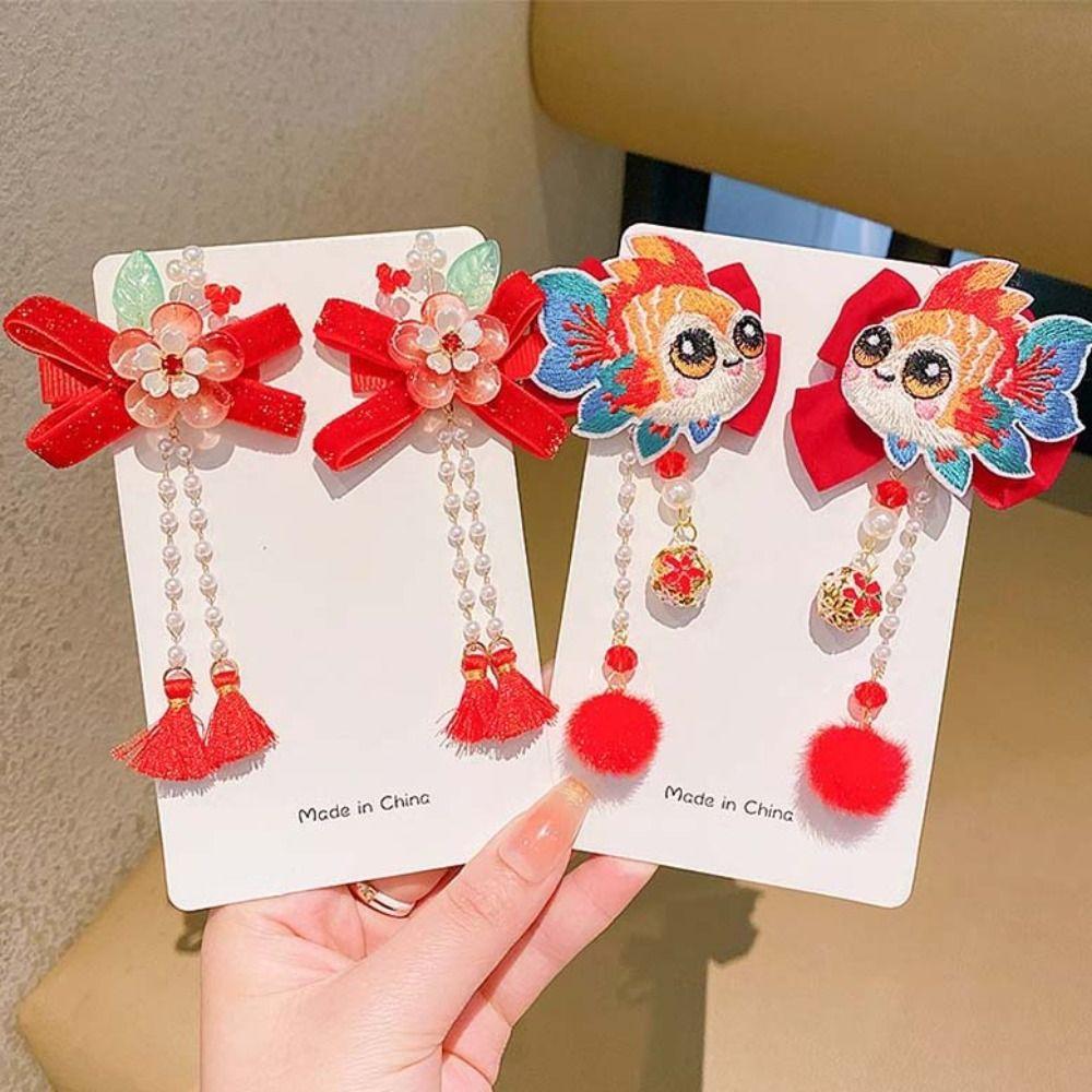 Tang Suit Red Bow Barrettes Chinese Style Ancient Style Hair Clips Festival