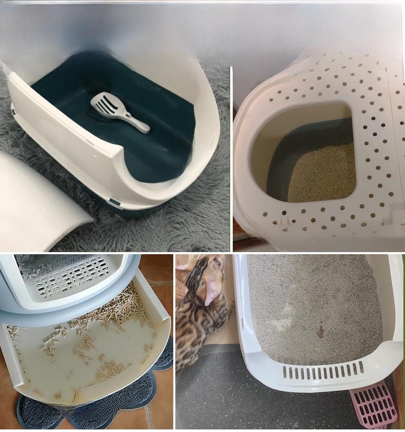 Очень большой, полностью закрытый, легкоочищаемый кошачий туалет с дезодорирующими и съемными функциями, в комплект входит совок для мусора