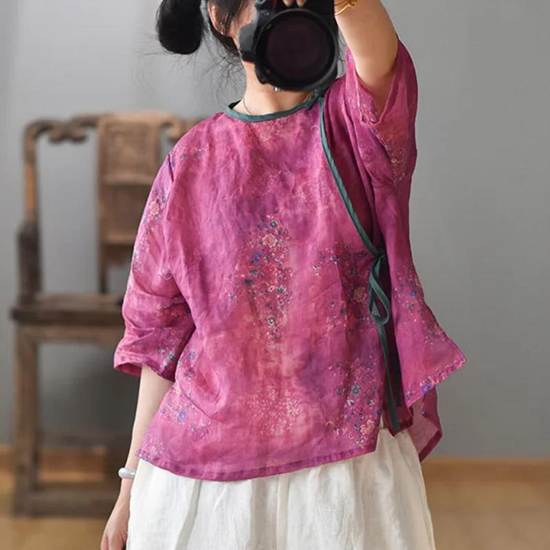 Johnature Summer T-Shirts Women O-Neck Seven Sleeve Print Floral Button Female Vintage T-Shirts