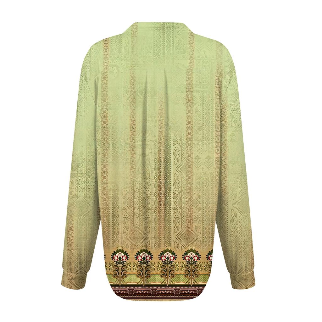 Women's Loose Casual Floral Print V-Neck Long Sleeve Neckline Pocket Waist Shirt