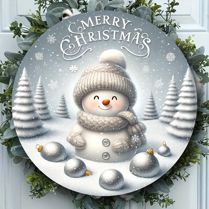 Merry Christmas Cute Snowman Round Metal Tin Sign Winter Silver Ornaments Wall Plaque for Holiday Home Decor