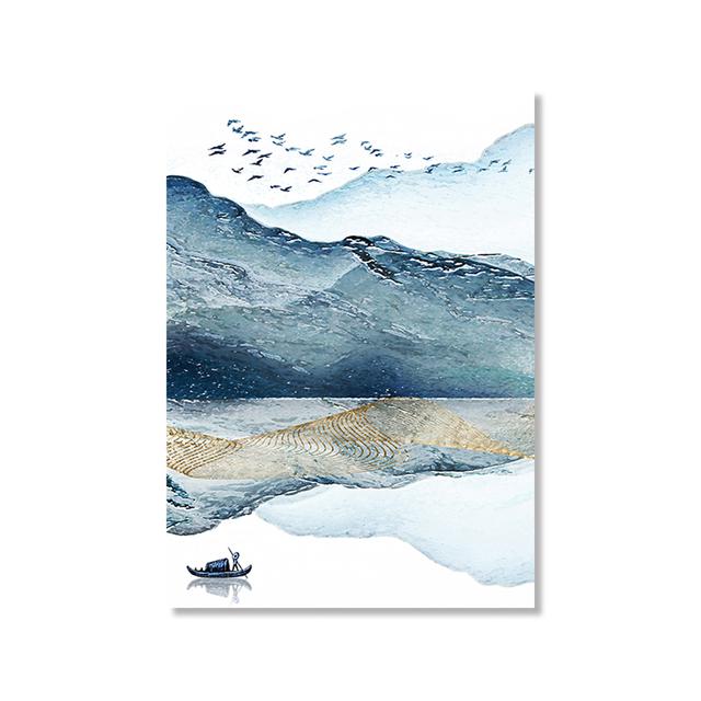 Abstract Mountain Art Lake Bird Watercolor Blue Gold Canvas Painting Wall Art Picture Print Living Room Home Decoration Interior