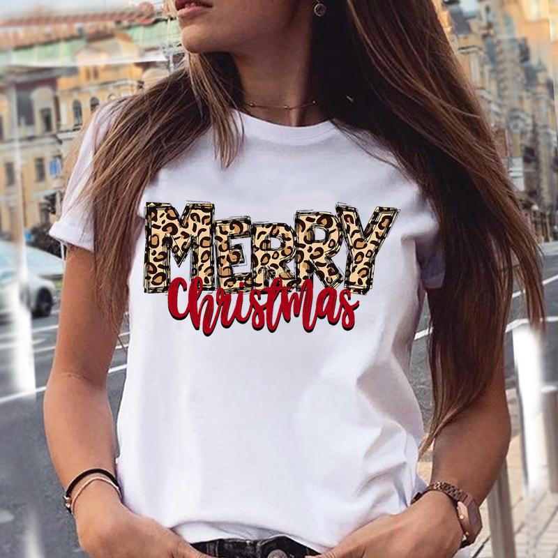 Рождественский рисунок животных Merry Chris Print Летняя свободная рубашка с круглым вырезом из чистого хлопка с короткими рукавами Футболки женские
