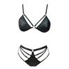 2 Pcs/Set Bra Panties Set Hollow Out Faux Leather Solid Color Wireless Unpadded Elastic Multi Straps Soft Lady Bra Panties Set Wedding Night