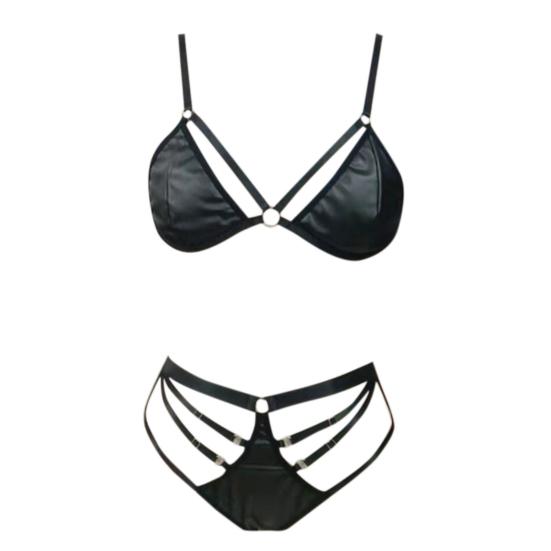 2 Pcs/Set Bra Panties Set Hollow Out Faux Leather Solid Color Wireless Unpadded Elastic Multi Straps Soft Lady Bra Panties Set Wedding Night