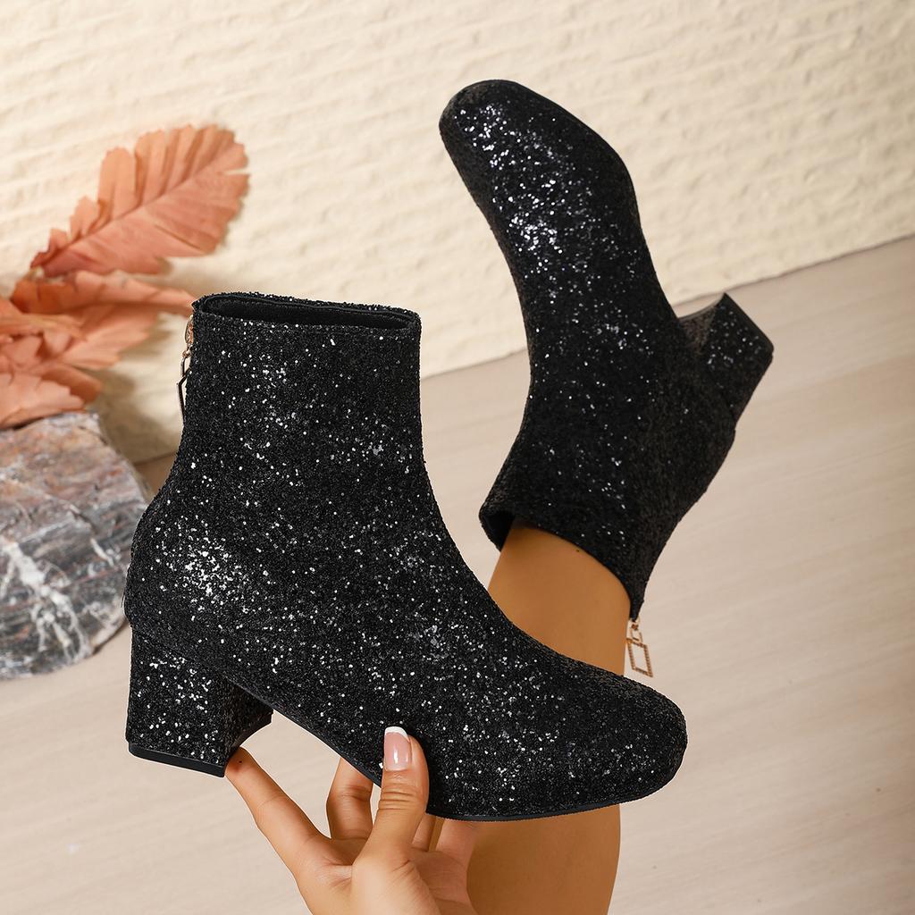 Women Ankle Boots 2025 New Fashion Sequins Round Toe Boots Women Autumn Winter Party Chunky Heels Shoes for Women Botas De Mujer