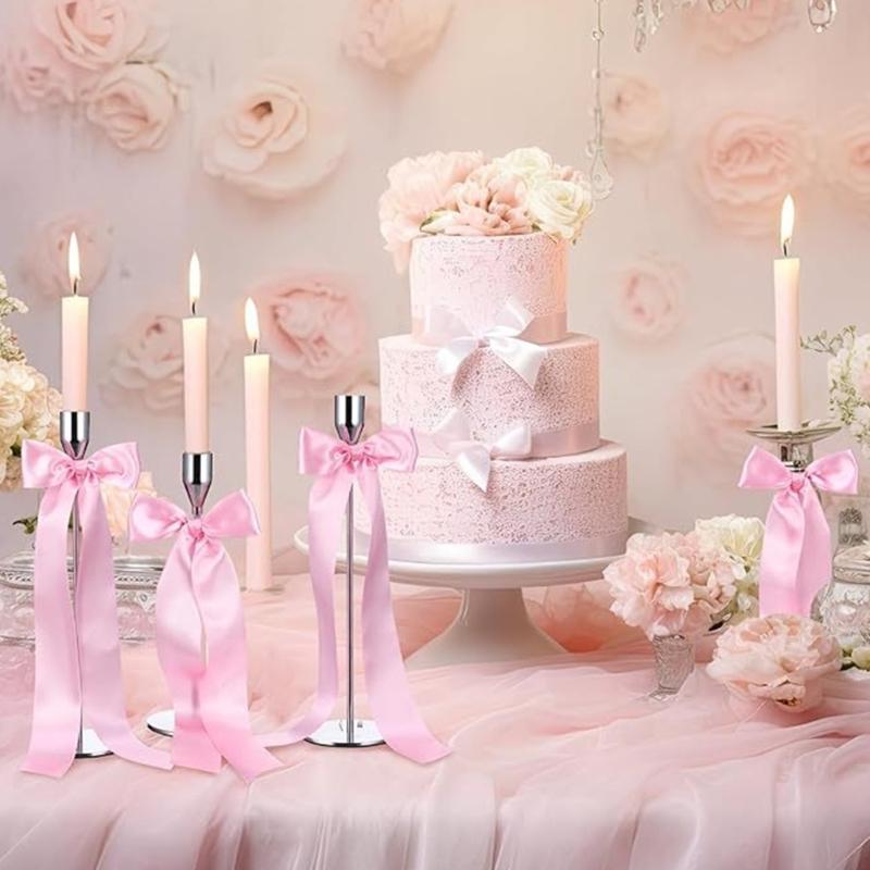 12Pcs Adhesive Ribbon Bowknot Candlestick Bowknot Ornament For Candle Holder Wedding Bridals Shower Decoration Wrapping